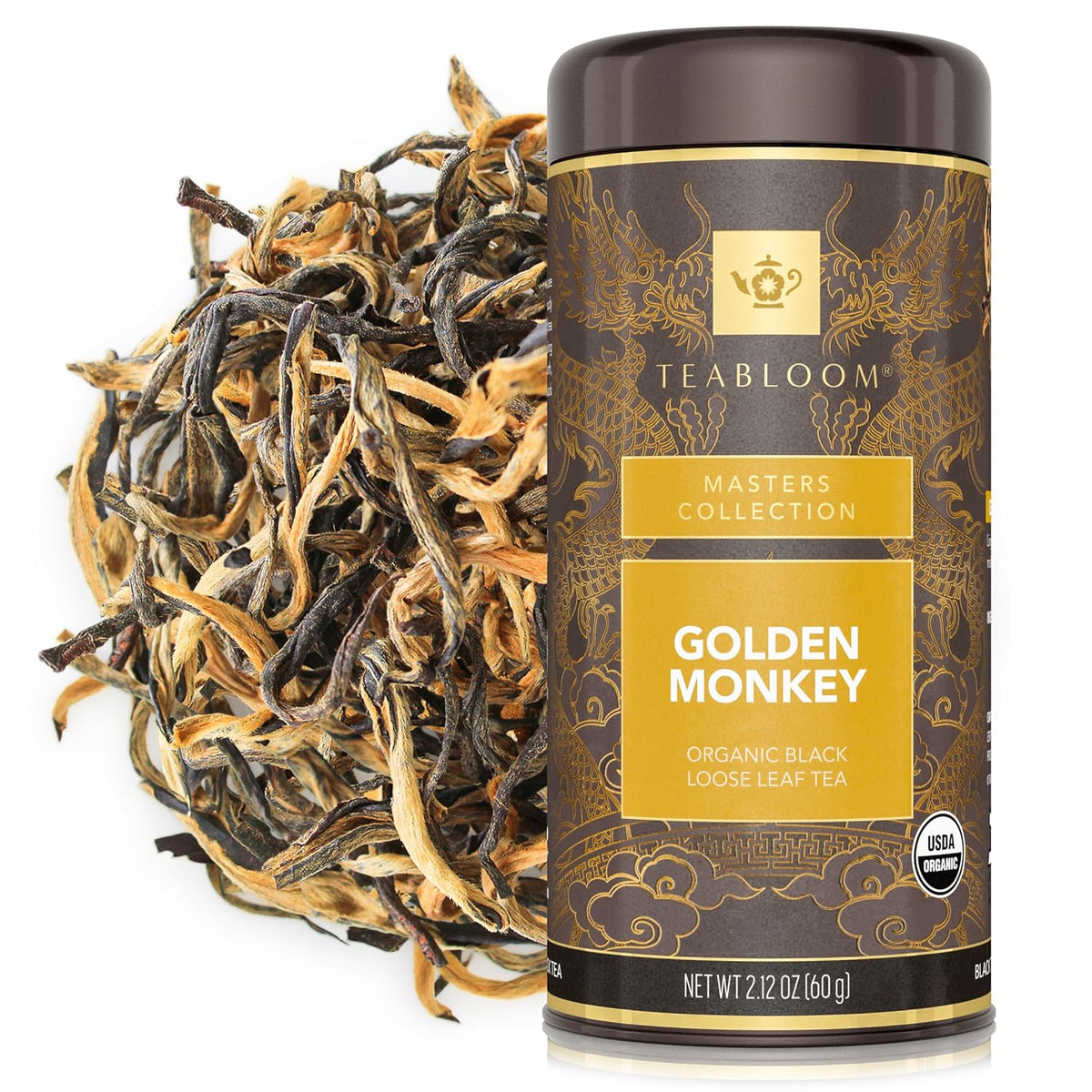 Teabloom Organic Golden Monkey Loose Leaf Tea, USDA Certified Organic Black Tea, Lingering Aroma with Smooth and Malty Flavor, 2.12 Ounce Loose Leaf Tea Canister Makes 35-50 Cups