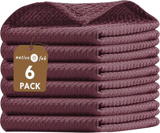 Native Fab 6 Pack Cotton Waffle Dish Cloths - 12x12 inch, Soft, Absorbent & Quick Drying Towels for Cleaning, Cooking &