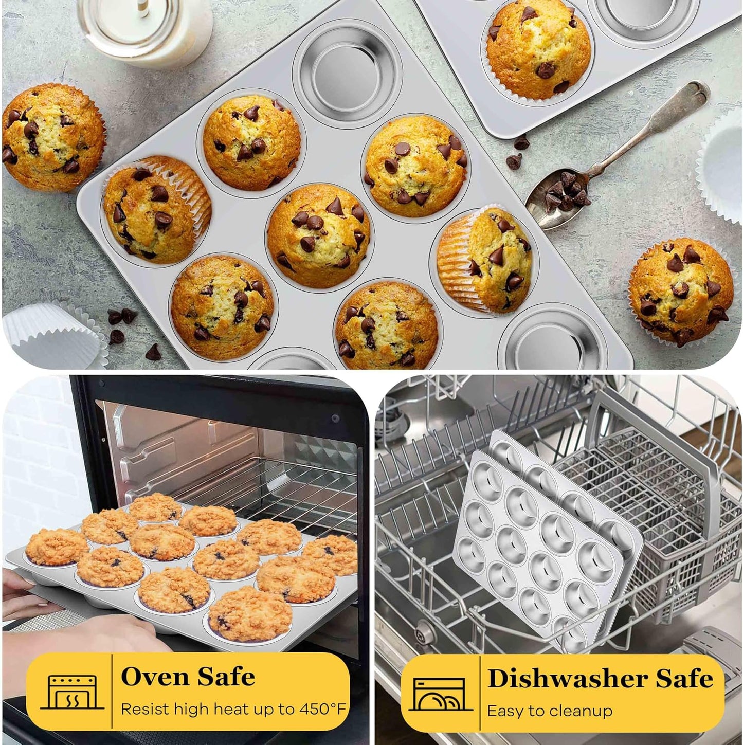 Homikit Stainless Steel Muffin Cupcake Pan 12 Cups, Non Toxic &amp; Heavy Duty | 1PC Nonstick Cupcake Baking Tins Regular Size, 13.8 x 10.4 Inch Metal Egg Bites Tray for Oven, Easy Release, Dishwasher Safe