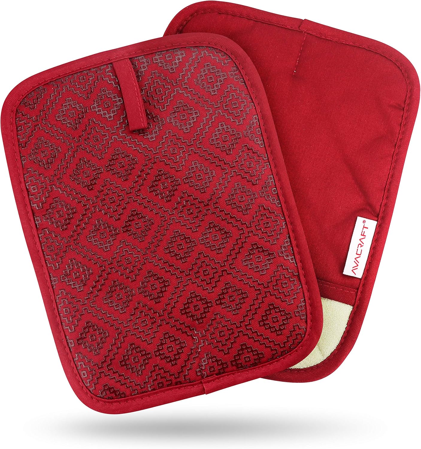 AVACRAFT Red Pot Holders Set, Flexible, 100% Cotton with Non-Slip Heat Resistant Silicone Design, Thick Terry Cloth