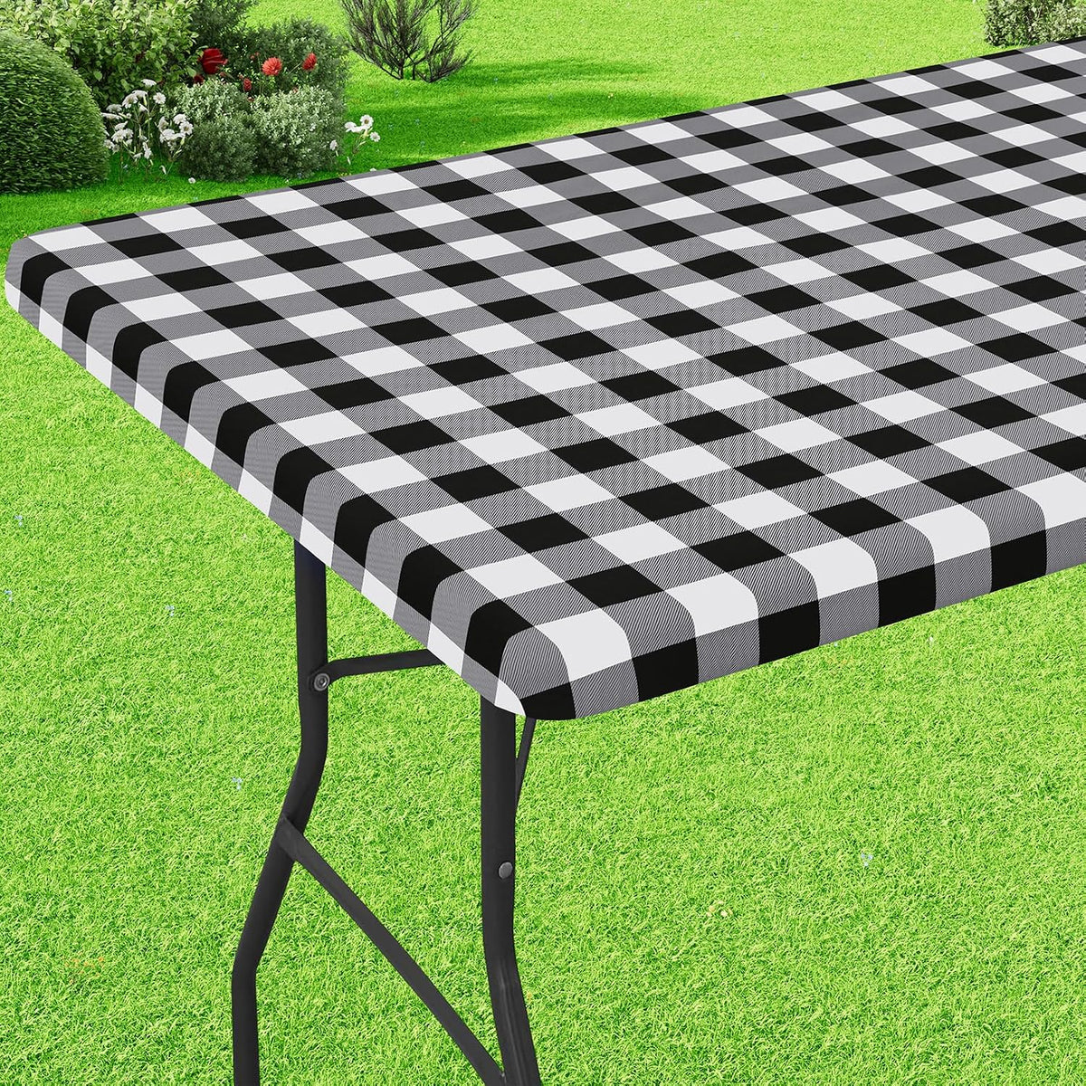Buffalo Rectangle Picnic Tablecloth, 6 Foot Elastic Fitted Vinyl Table Cloth with Flannel Backing, Waterproof Plaid Table Covers for Dining, Camping, Outdoor (Black and White, 30" x 72")