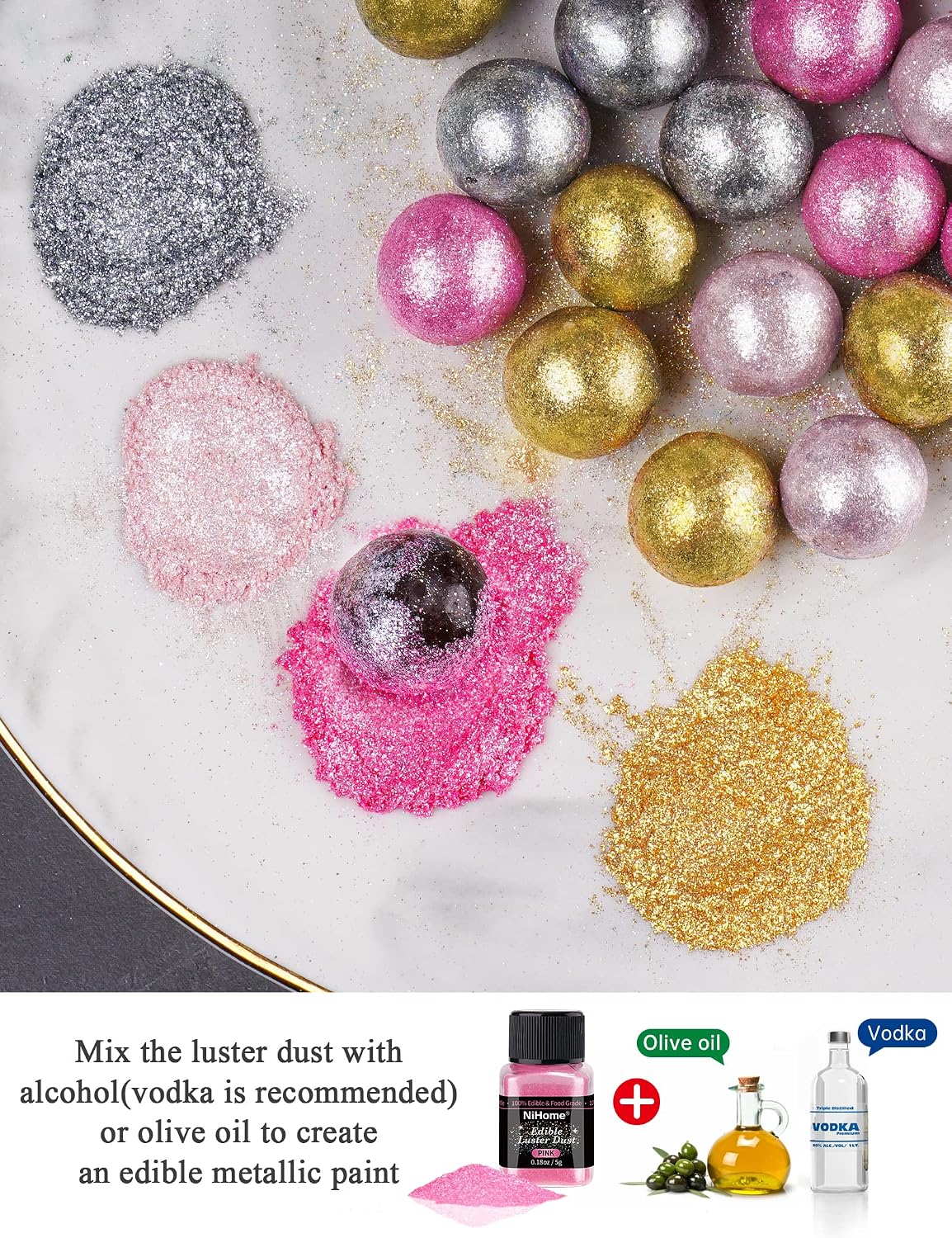 NiHome 4 Bottles Edible Luster Dust Glitter Powder Fancy Metallic Sprinkles | 4 Colors Decorating Sprinkle Glimmery Dust for Drinks Cocktails Wine Beverage Cakes, Allergen-Free Food Coloring (20g)