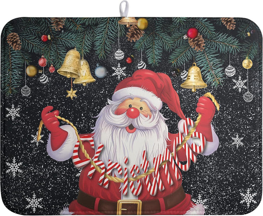 Christmas Santa Claus Dish Drying Mat Winter Drying Dish Mat for Kitchen Countertops Xmas Dish Dryer Mat Microfiber Dishes