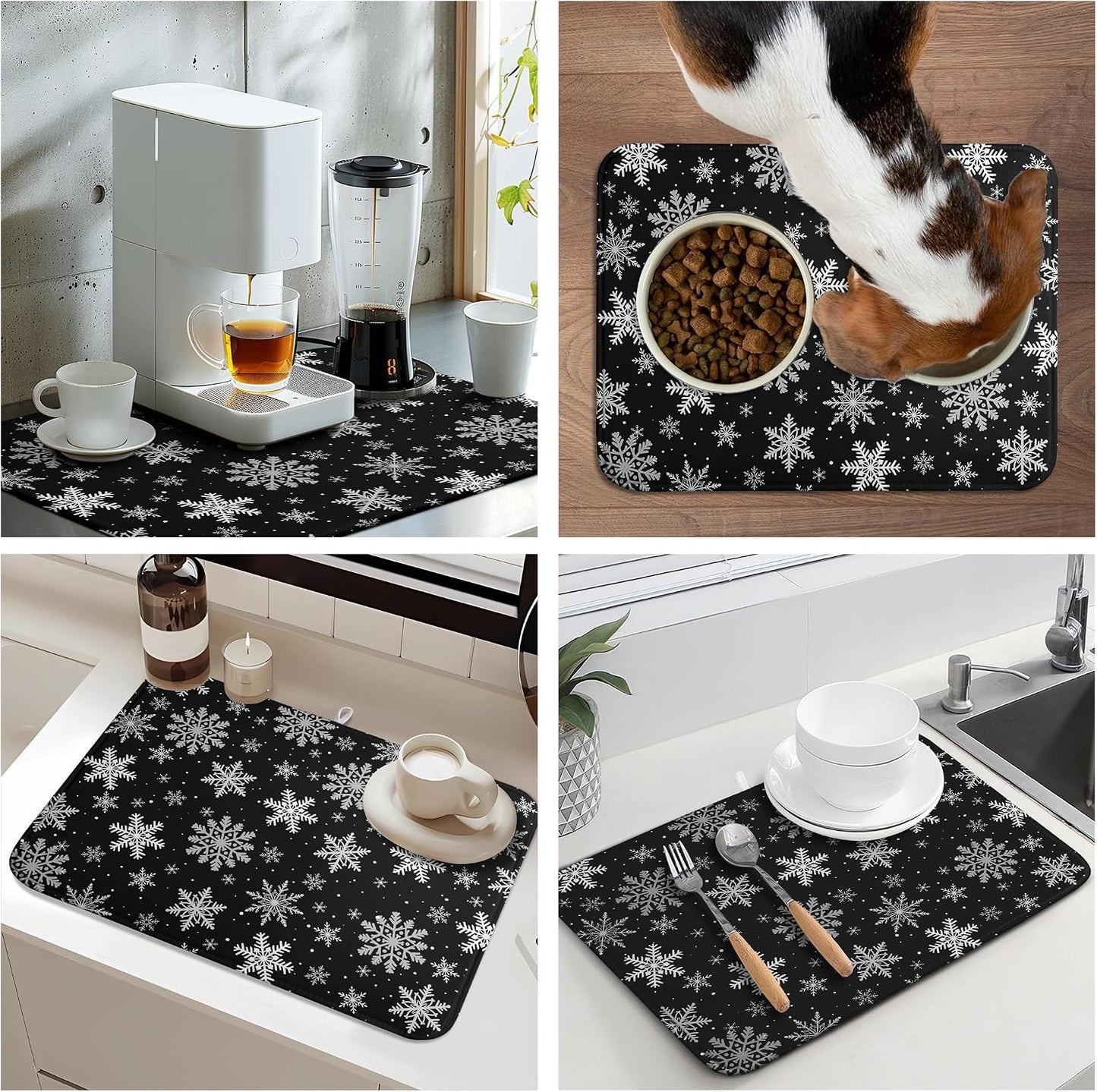 Winter Snowflake Black Dish Drying Mat Christma Snowflakes Large Kitchen Mats Dish Drying Pad Absorbent Dish Dryer Mat for Kitchen Countertops Microfiber Drainer Pad Dish Drying Mats (18x24 in)