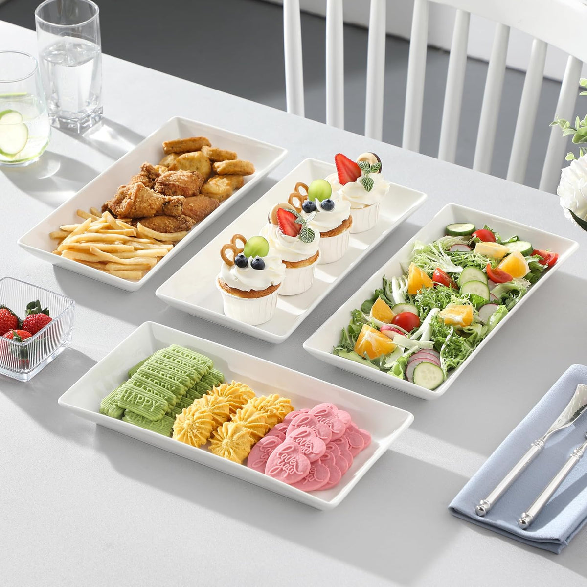 MALACASA Porcelain Serving Platters Set of 4,12 in Rectangular White Trays | 12 Inch Serving Trays and Platters Perfect for Party, Appetizer and Food Serving, Microwave and Dishwasher Safe
