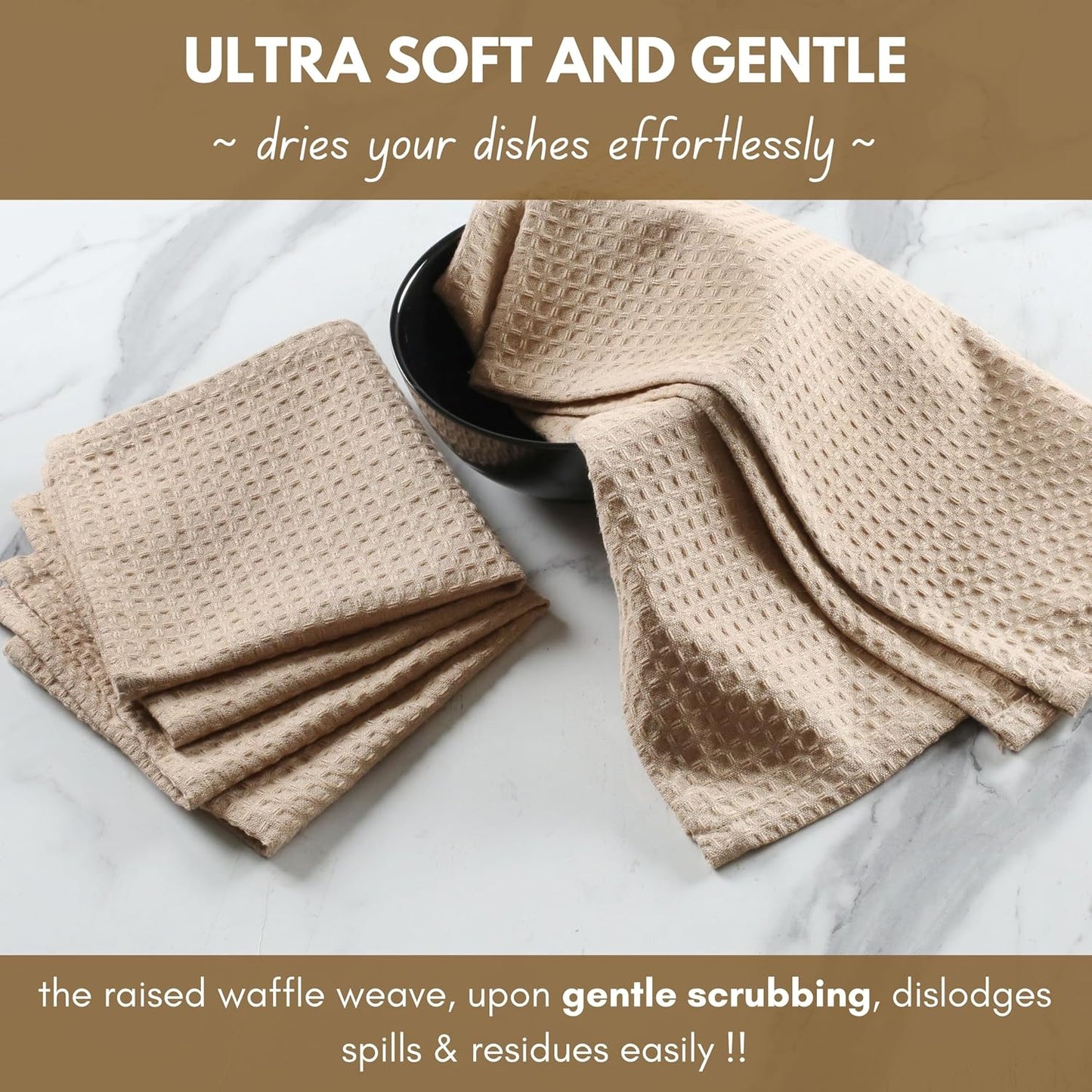 Native Fab Cotton Kitchen Towel with Hanging Loop 16x26 inches, 4-Pack, Waffle Weave Kitchen Towels for Cleaning Drying, Washcloths Soft &amp; Absorbent Cloth Rags, Bar Towel, Dish Cloth, Beige