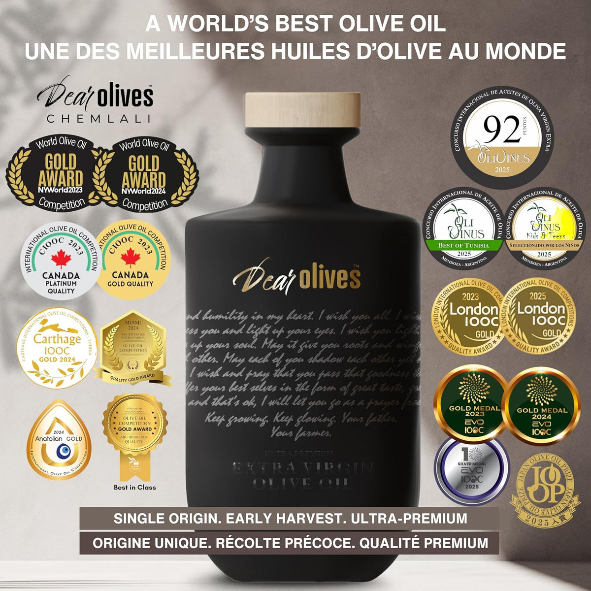 Dear Olives™ Smooth Mediterranean Extra Virgin Olive Oil, Early Harvest Cold Pressed, Balanced Taste &amp; Polyphenols, Perfect for Dipping, Drizzling and Cooking, Award-Winning 2025 Harvest in Premium Box, 700ml / 23.7 Fl Oz (Chemlali - Smooth)