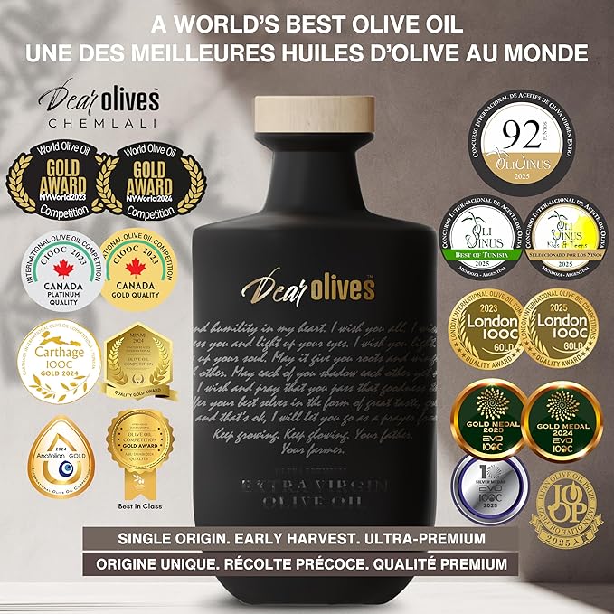 Dear Olives™ – Award-Winning Extra Virgin Olive Oil | Individually Numbered Bottle with a Gift Box | Limited Early Harvest Single-Origin Tunisian EVOO - Fresh Harvest Pure and Natural. 700ml/23.7 Fl Oz - Very High Polyphenol EVOO (Chemlali - Smooth/Douce)