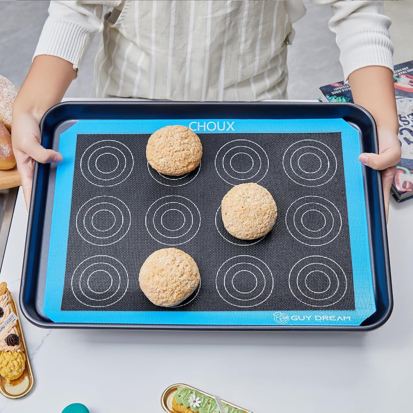3PCs GUY DREAM Perforated Silicone Baking Mat 11-4/5" x 15-3/4" - 1 Choux Mat, 1 Eclair Mat and 1 Blank Mat for Baking Cookie- Steaming Mesh For Half Size Cooking Sheet- Non-Stick Reusable Oven Liner