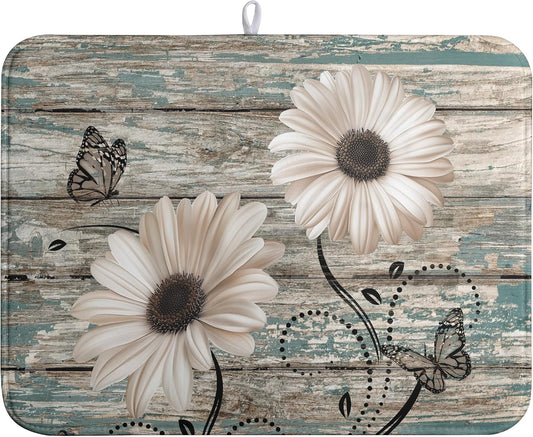 Summer Sunflower Vintage Dish Drying Mats for Kitchen Counter Country Rustic Daisy Farmhouse Kitchen Dishes Dryer Pad Fall
