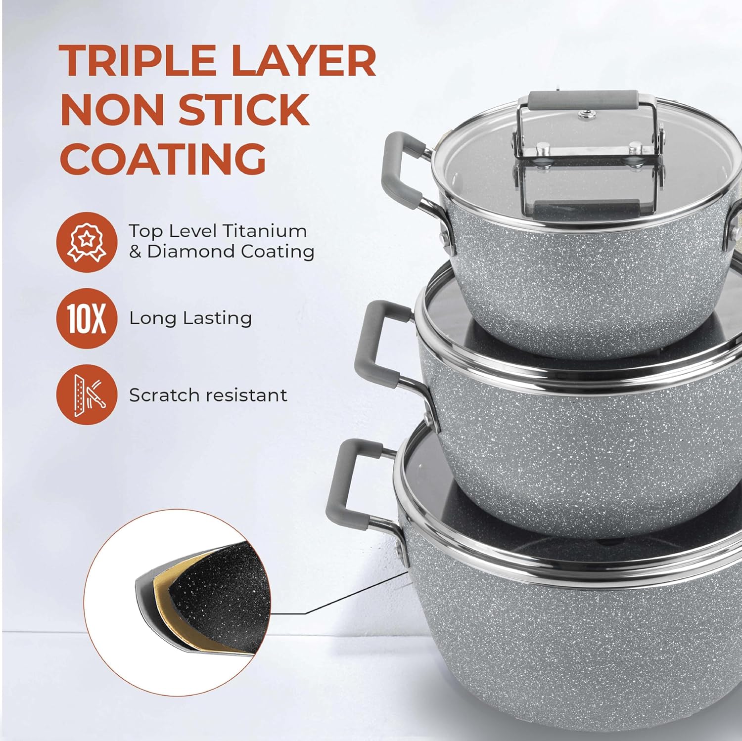 Granitestone Gray Pots and Pans Set Nonstick, 6 Stackable Piece Cooking Pots Set, Kitchen Pots, Non Stick Coating, 5qt 3