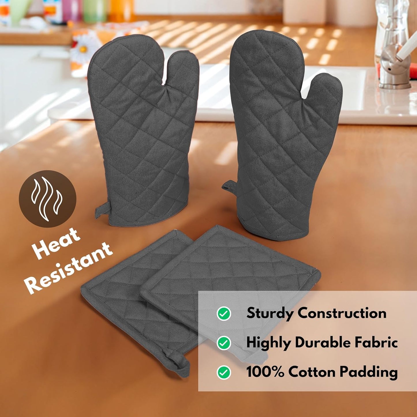 Native Fab Farmhouse Oven Mitts and Pot Holders Set of 4, Heat Resistant Non-Slip Machine Washable, 100% Cotton Kitchen Pot