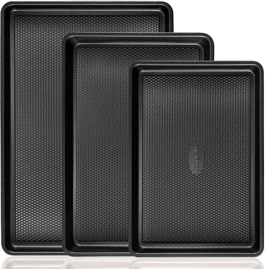 Cookie Sheets for Baking Nonstick - HONGBAKE Baking Sheet Pan Set of 3, Half/Quarter/Jelly Roll Pan for Oven with Diamond Texture Pattern, 57% Thicker Carbon Steel Cookie Trays, Dark Grey