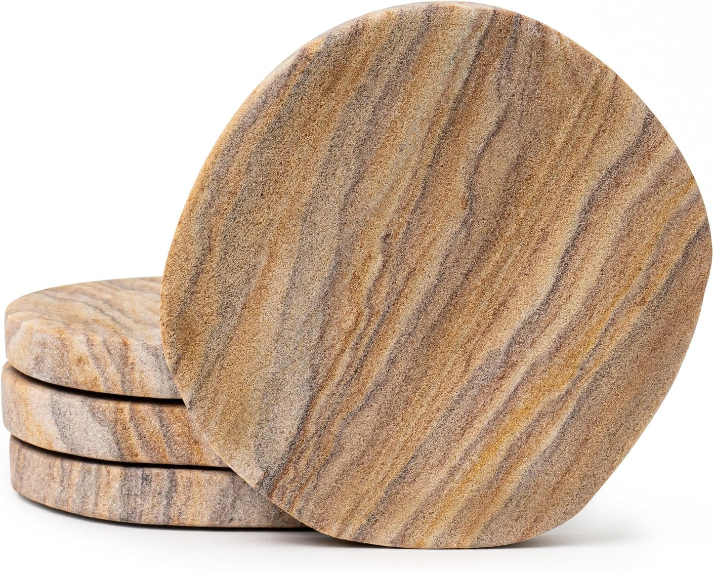 Cork &amp; Mill Absorbent Sandstone Coasters for Drinks, Set of 4 | Water Absorbing Natural Stone, 4 Inch Round with Irregular Edge, Ideal for Coffee Table, Outdoor, Bedroom Nightstand