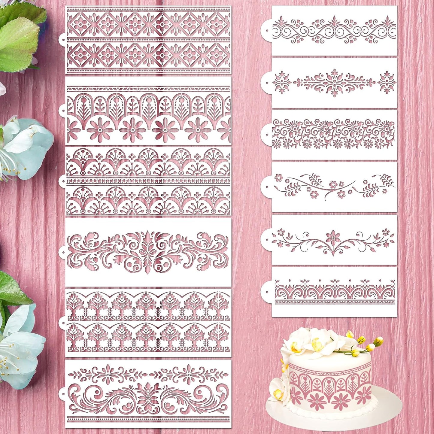 Sitsink Cake Stencils Decorating for Baking - 12 Pcs Reusable Floral Border Stencils, Mexican Art Flower Lace Stencil, Buttercream Templates for Painting on Wood Crafts