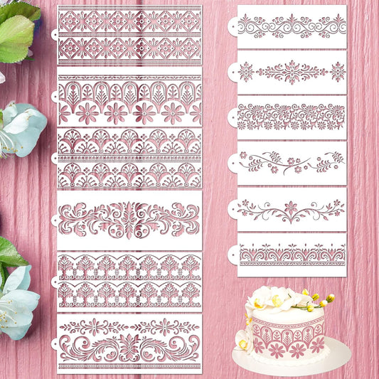Sitsink Cake Stencils Decorating for Baking - 12 Pcs Reusable Floral Border Stencils, Mexican Art Flower Lace Stencil, Buttercream Templates for Painting on Wood Crafts