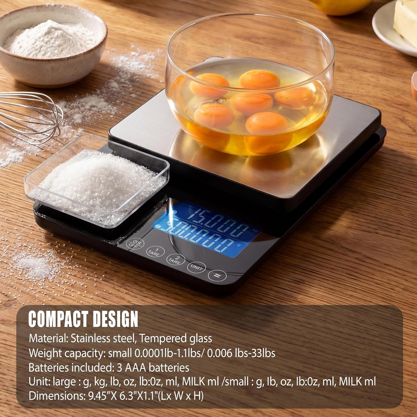 Dual Platform Kitchen Scale, Digital Food Scale with Dual Display, Two Scales in One for Heavy and Precise, 33lb/0.01g/0.001oz, Stainless Steel, 7 Units Tare, for Baking, Sourdough, Cooking