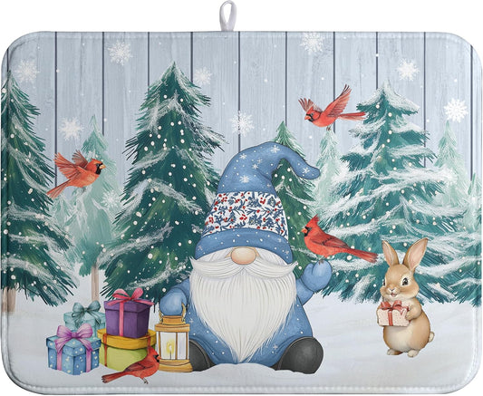 Winter Gnome Dish Drying Mat Christmas Tree Snowman Large Kitchen Mats Dish Drying Pad Bird Absorbent Dish Dryer Mat for