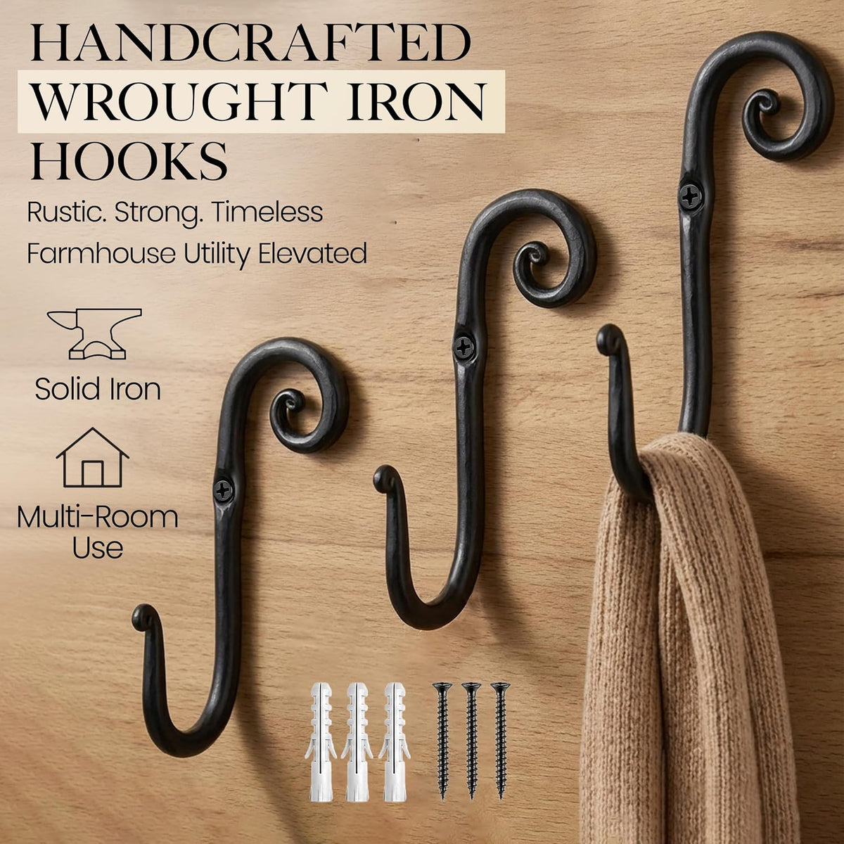RTZEN Classic Farmhouse Wall Mount Multi-Use Wrought Iron Hook Set (3 Pack)