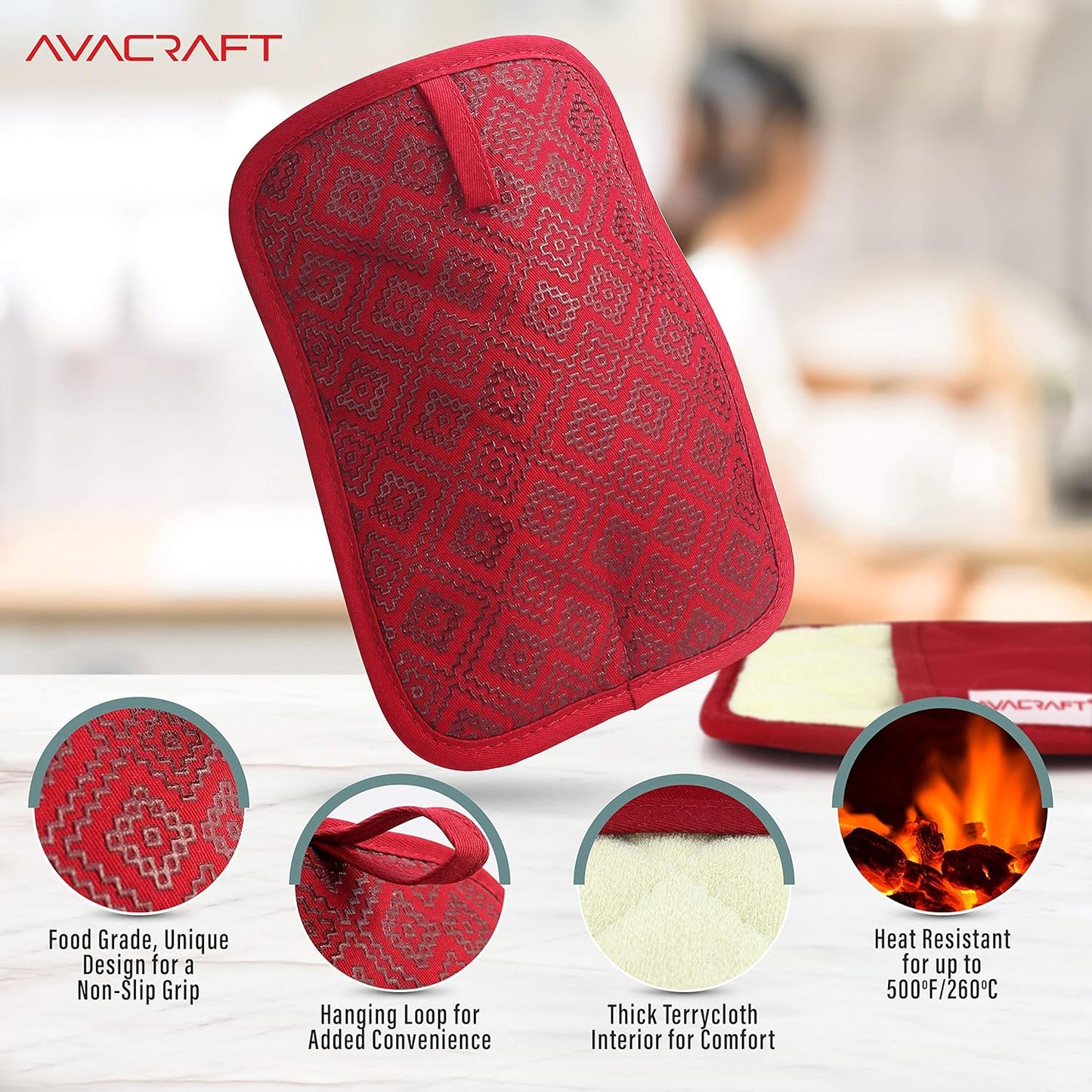 AVACRAFT Red Pot Holders Set, Flexible, 100% Cotton with Non-Slip Heat Resistant Silicone Design, Thick Terry Cloth
