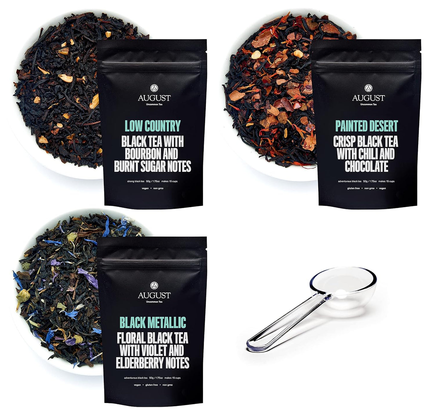 August Uncommon Tea Sampler – Set of 3 Black Loose Leaf Teas | Low Country, Painted Desert, and Black Metallic – Bold Flavors with a Crystal Scoop in Resealable Pouches – 1.75oz Each