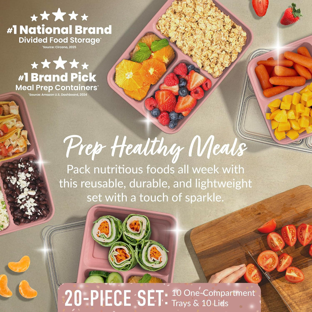 Bentgo Prep - 20-Piece 3-Compartment Reusable Meal Prep Containers with Lids, PFAS & BPA Free Materials, Durable, Microwave, Freezer, & Dishwasher Safe To Go Food Storage (Rosette Glitter)