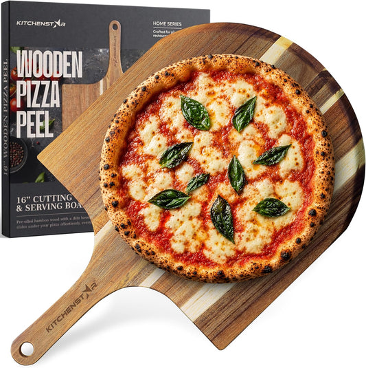 16-Inch Acacia Wood Pizza Peel – Extra Large Wooden Cutting &amp; Serving Board with Handle – Natural Oil Finish – Ideal Pizza Oven Accessory for Easy Sliding &amp; Prep