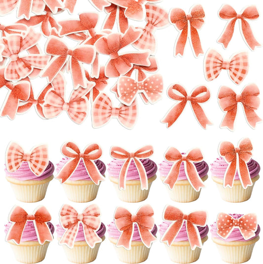 Gyufise 50Pcs Edible Red Bowknot Cupcake Toppers Wafer Paper Bowknot Cake Dessert Picks Baby Shower Princess Cupcake Toppers