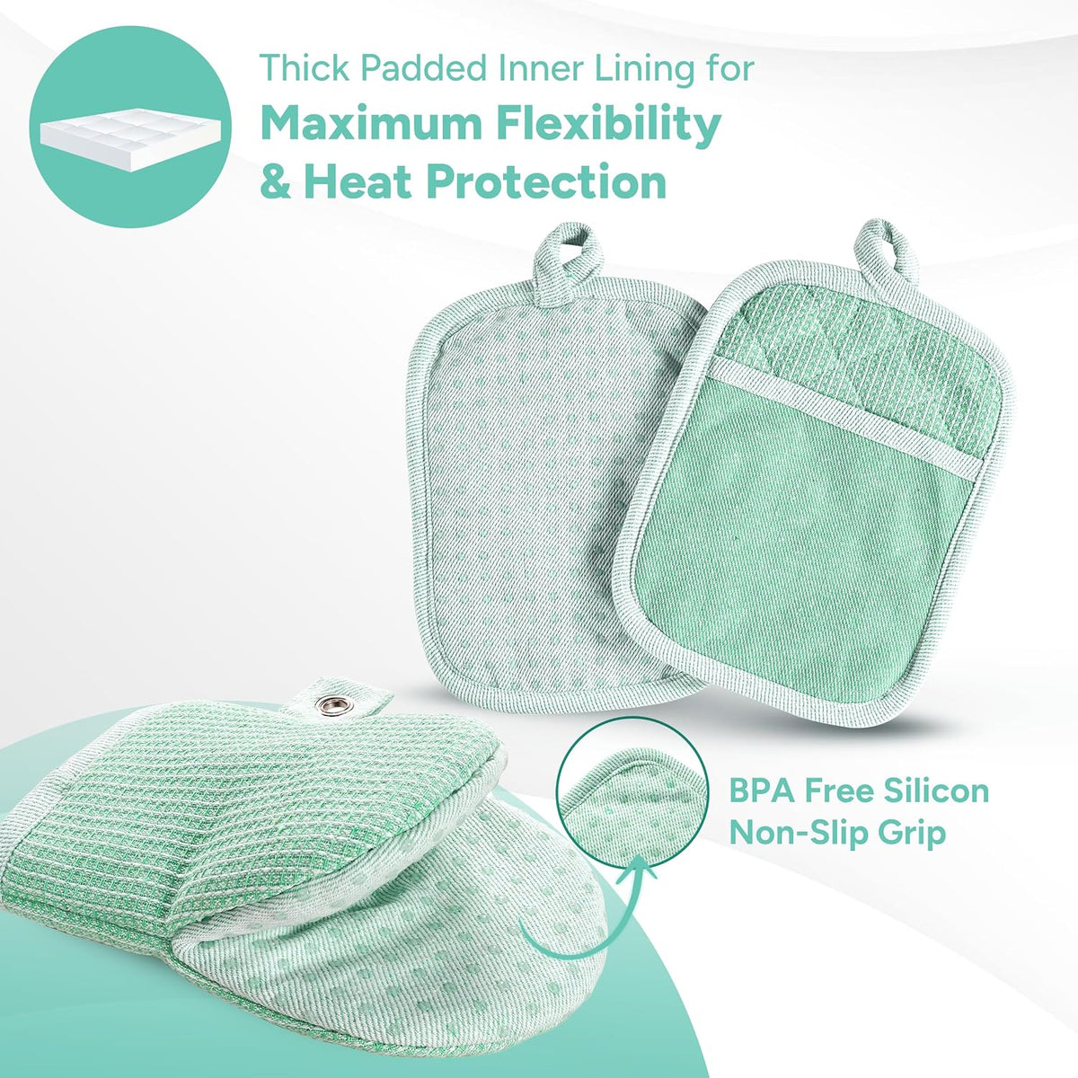 Casa Platino Heat Resistant Oven Mitts &amp; Pot Holders, 4-Piece – Oven Mitt for Baking &amp; BBQ, Potholders for Kitchens – Withstands Heat Up to 500°F, Soft, Durable &amp; Non-Slip – Sage