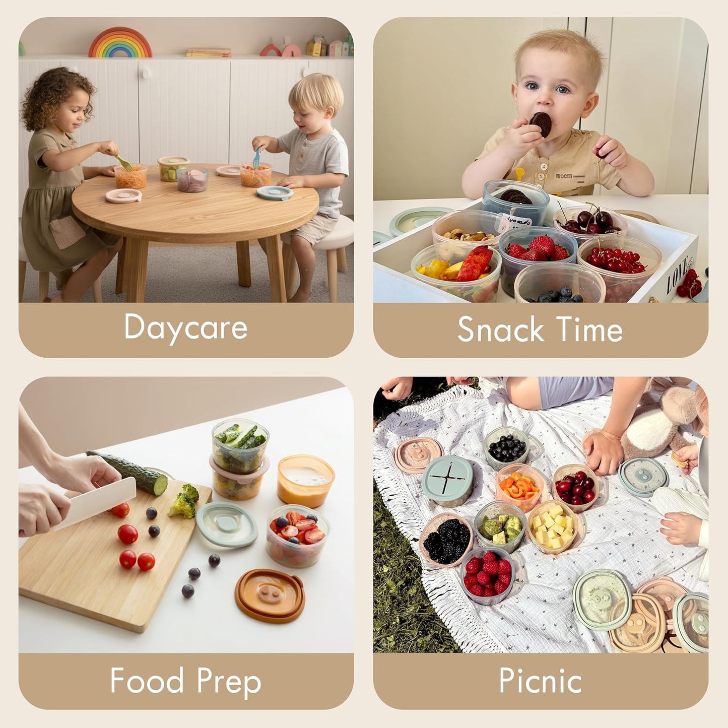 Moonkie Silicone Snack Containers for Kids | 8 oz Baby Food Storage Containers with Airtight Lids and A Snack Lid | Baby Food Jars | BPA Free | Freezer &amp; Dishwasher Safe | 3 Pack