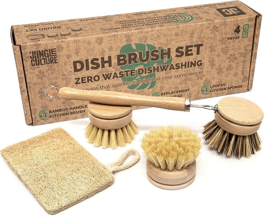 Jungle Culture 4 Piece Bamboo Dish Brush Set for Washing Up • Long Lasting Wooden Dish Brush with 3 Replacement Heads &