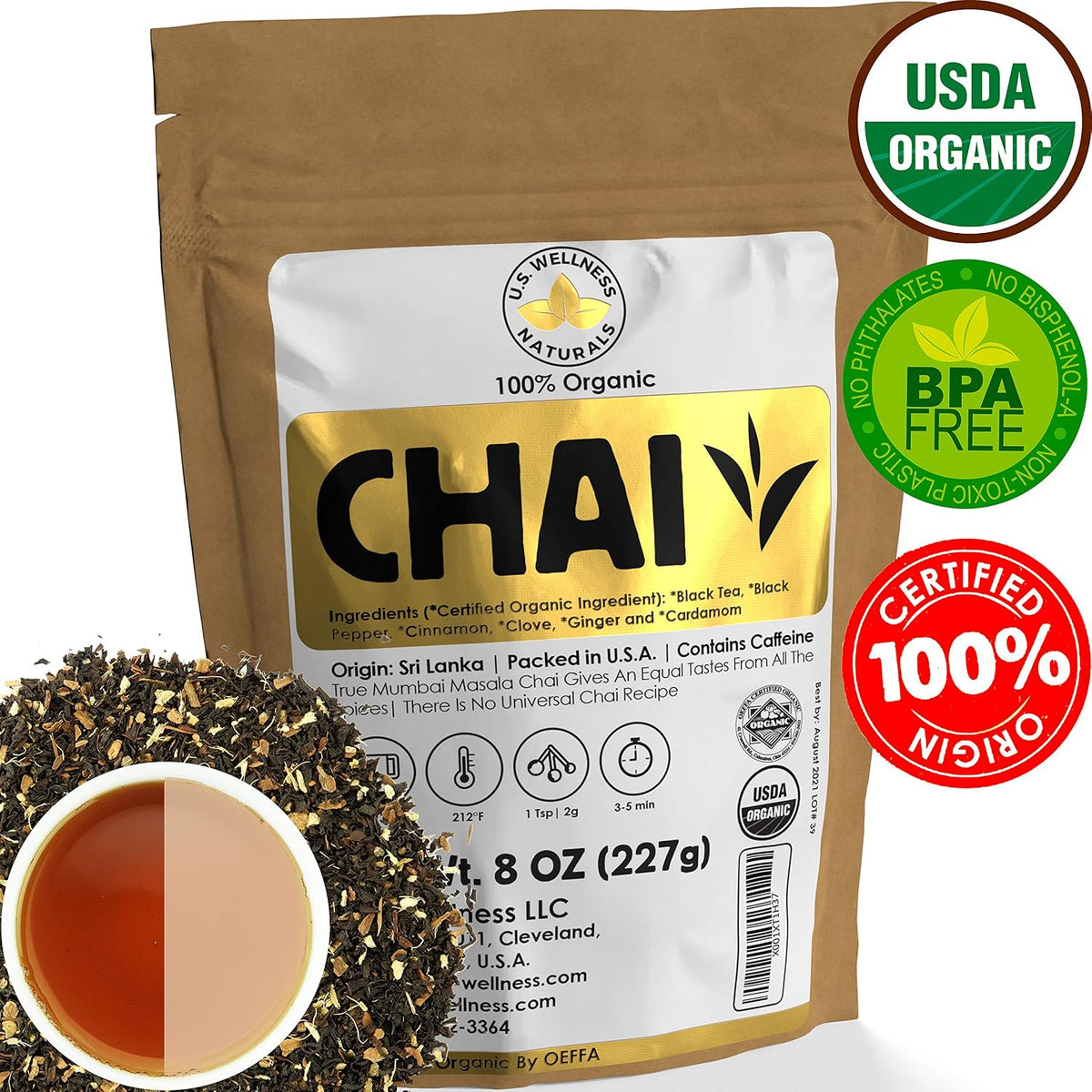 Classic Chai Tea Loose Leaf | CEYLON (110+ Cups) | 100% CERTIFIED ORGANIC Chai Ingredients| Black Tea, Cinnamon, Cardamom, Cloves &amp; Black Pepper | Brews Chai Latte | Ancient Indian House Recipe | 8oz