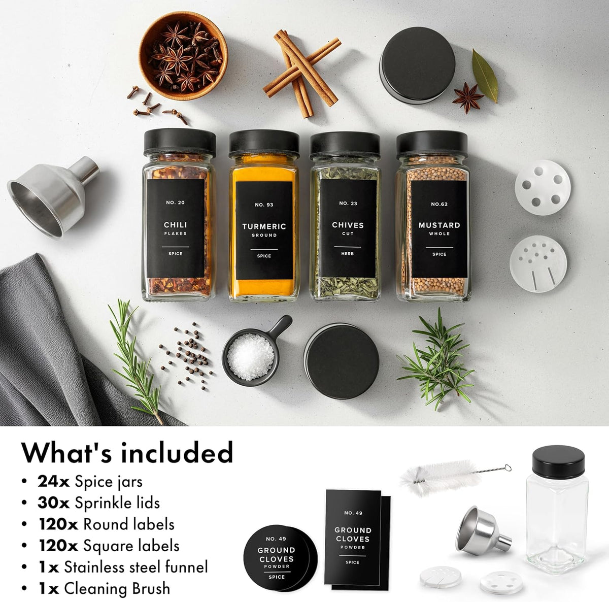 Glass Spice Jars with Label and Stainless Steel Lids (24 x 4oz) Spice Containers with 240 Labels, Shaker Inserts, Steel Funnel, Empty Square Empty Square Seasoning Organizer (Black)