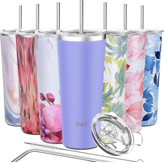 THILY Tumbler Stainless Steel Travel Mug 26 oz Triple-Insulated Coffee Cup with 2 Lids and Straws, Reusable, Powder Coated,