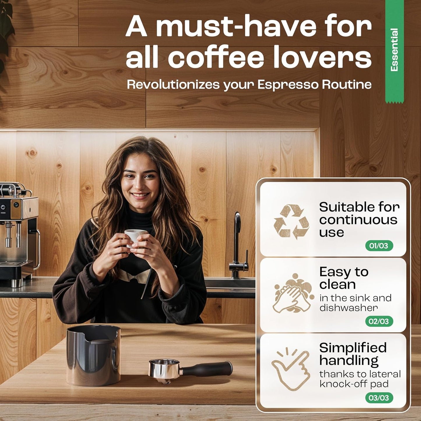 Knock Box for Coffee Grounds - Innovative Barista Accessory with Improved Handling - Coffee Knock Box for Espresso Machine, Black