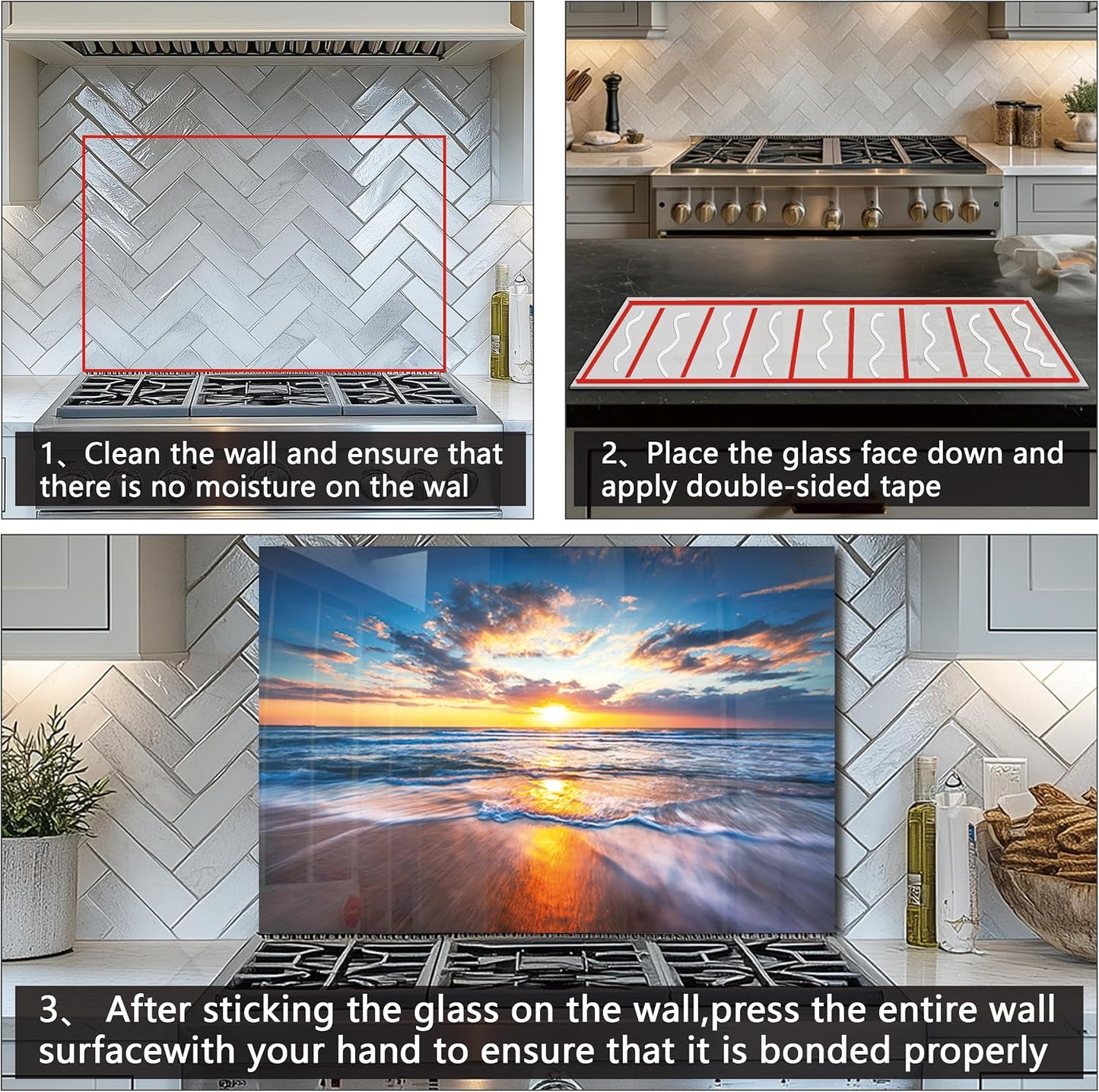 DAIFURONGE Tempered Glass Backsplash for Kitchen,Sea Beach Design,30"x20" | Behind Stove Back Splash Panel Protector, Easy to Clean, Kitchen Wall Decorative