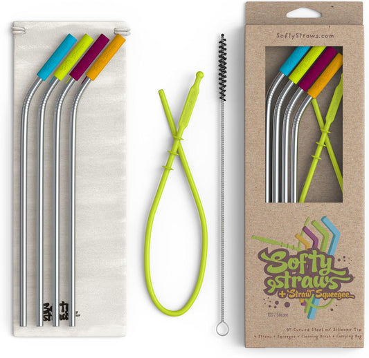 Premium Reusable Stainless Steel Drinking Straws With Silicone Tips + Patented Straw Cleaners and Carrying Case - 9” Long