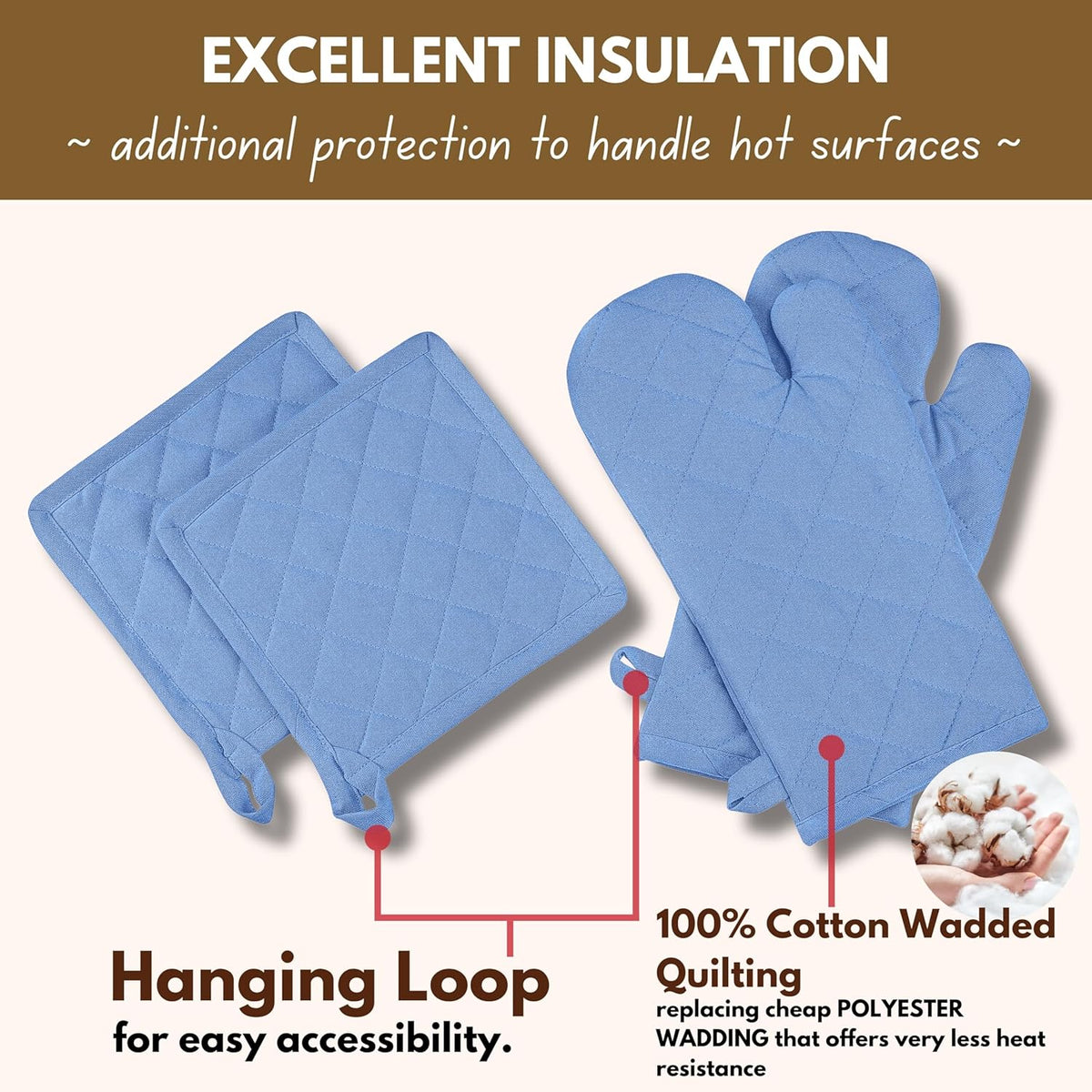 Native Fab Pot Holders and Oven Mitts Sets for Kitchen Heat Resistant - Hanging Non-Slip - 100% Cotton Kitchen Oven Mitts and Pot Holders 4-Piece Set - Blue