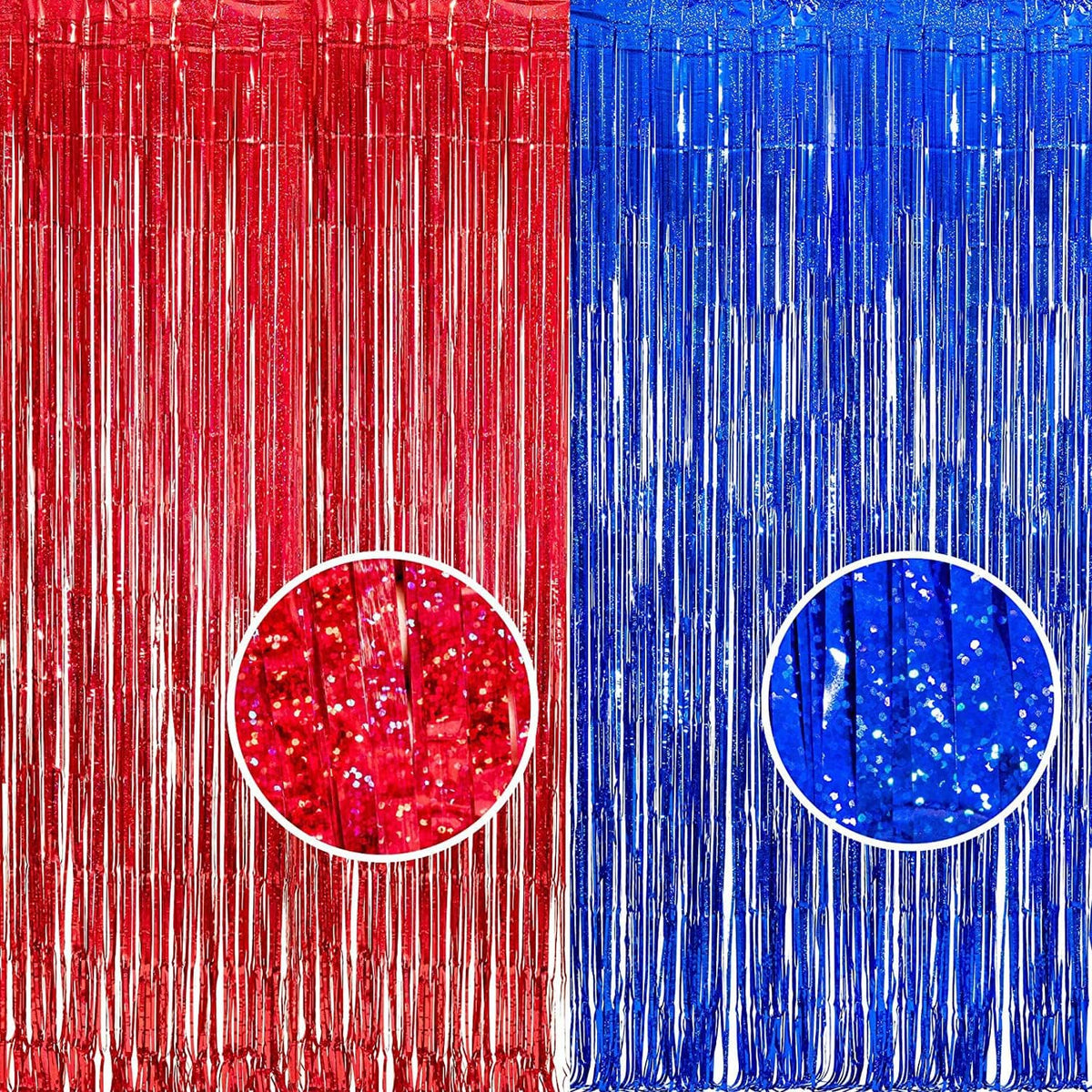 BRAVESHINE Red Blue Tinsel Foil Fringe Curtains | Party Steamers Backdrop | 2 Pack 3.2x8.2ft Metallic Curtain for Graduation/Men/Birthday/Web/Memorial/Anniversary/Bachelorette/4th of July Decorations