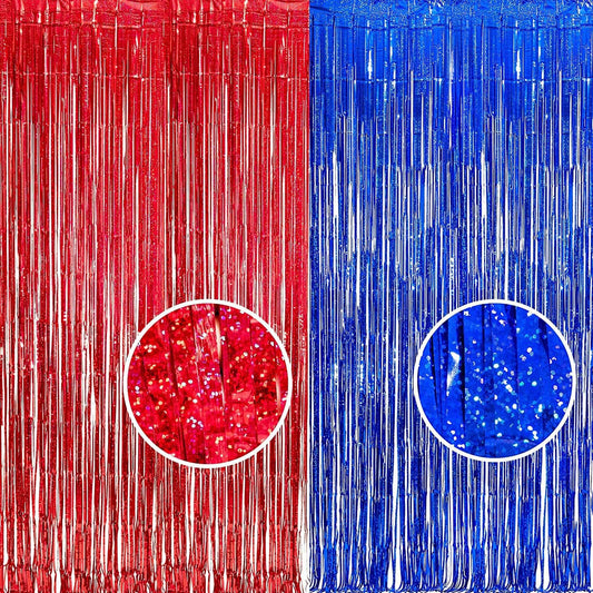BRAVESHINE Red Blue Tinsel Foil Fringe Curtains | Party Steamers Backdrop | 2 Pack 3.2x8.2ft Metallic Curtain for Graduation/Men/Birthday/Web/Memorial/Anniversary/Bachelorette/4th of July Decorations