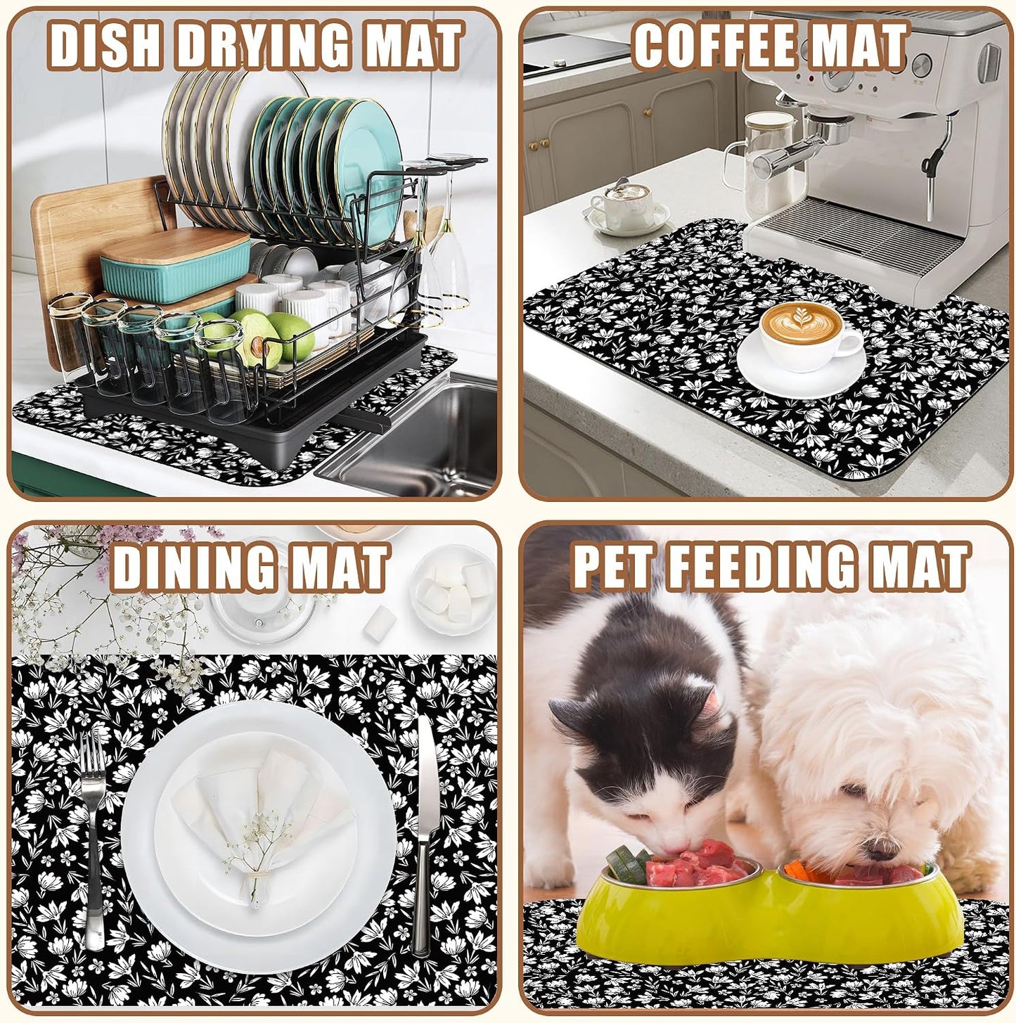 Black and White Flowers Dish Drying Mat for Kitchen Counter Coffee Bar Mat Hide Stain Absorbent Rubber Backed Drying Rack Pad Espresso Machine Coffee Bar Accessories 11.8 x 19.7 Inch