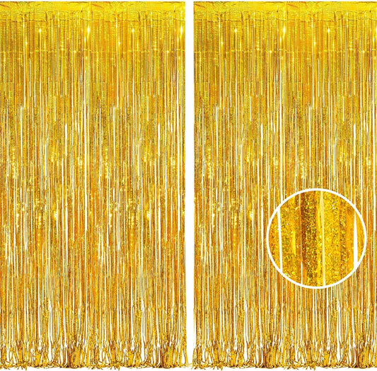 BRAVESHINE Gold Tinsel Foil Fringe Curtains - 2Pcs 3.2x8.2ft Holidays Photo Backdrop for Men 60th Birthdays/Bridal
