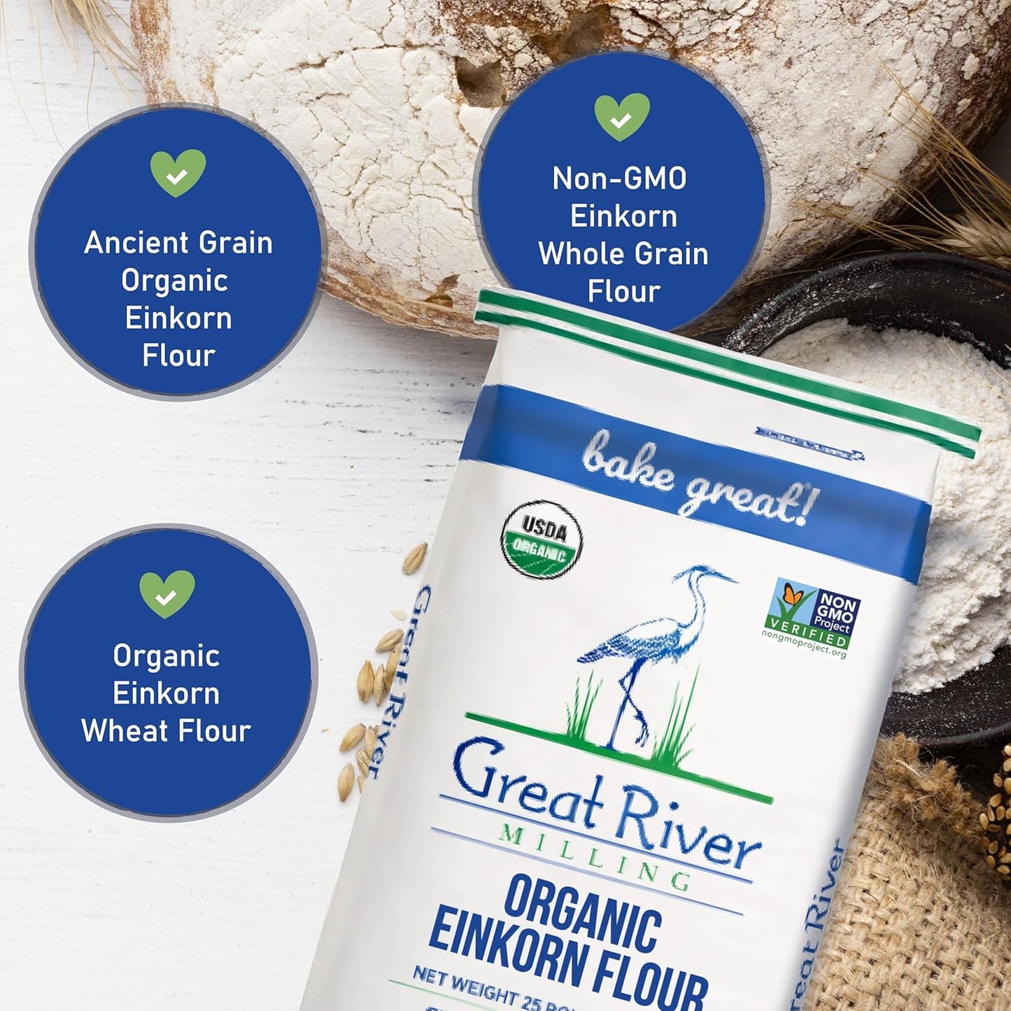 Great River Milling Organic Einkorn Flour, Ancient Grain, 25 lb | Organic Einkorn Flour for sourdough, sandwich loaves, rolls, pizza dough, muffins and rustic baking; hearty wheat flavor