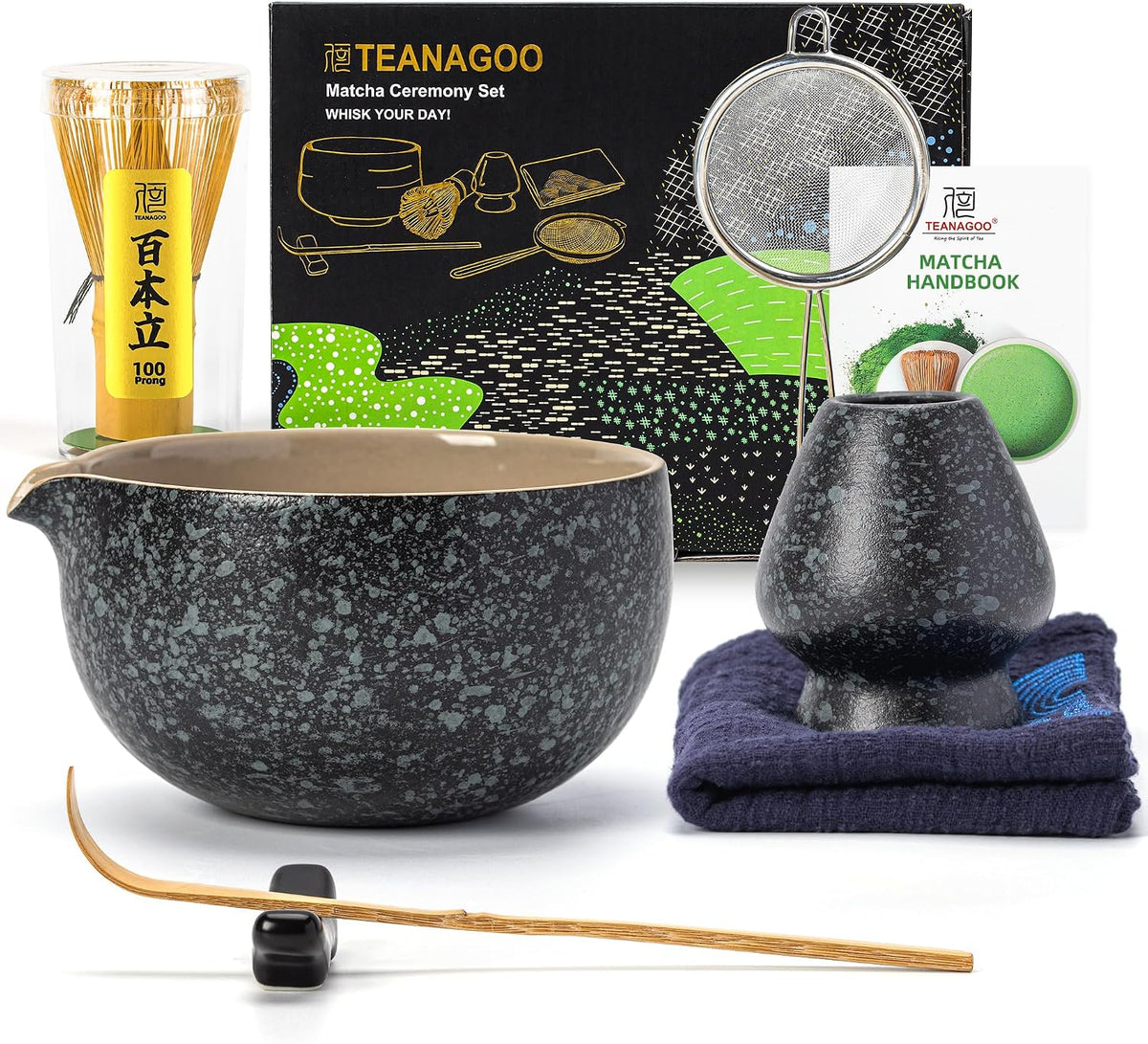 TEANAGOO Matcha Whisk Set Black,7 Pcs Matcha Set,Matcha Kit for Ceremony,Tradition Tea Set for Making Breakfast/Latte,Matcha Whisk Set with Bowl(Chawan)/Whisk and Holder,Gift for Family/Friend