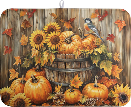 Fall Pumpkin Dish Drying Mat Autumn Maple Leaves Thanksgiving Large Kitchen Mats Dish Drying Pad Absorbent Dish Dryer Mat