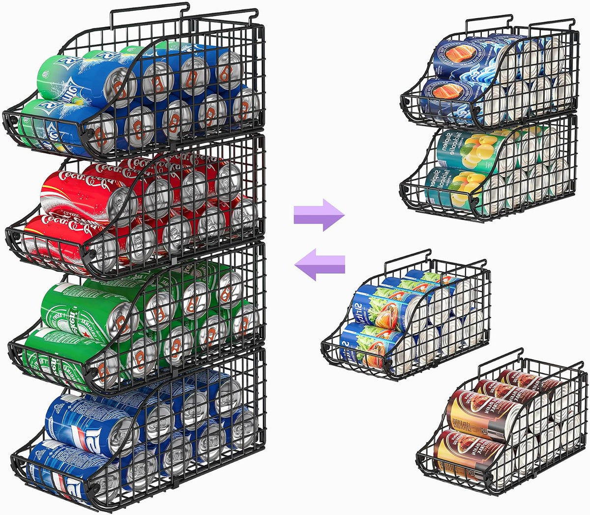 4-Pack Stackable Canned Food Organizer with Handles for Kitchen, Soda Can Organizer for Pantry Shelves, Wire Cabinet Shelf for Can Storage, Foldable Soda Dispenser, Patent Pending, Black