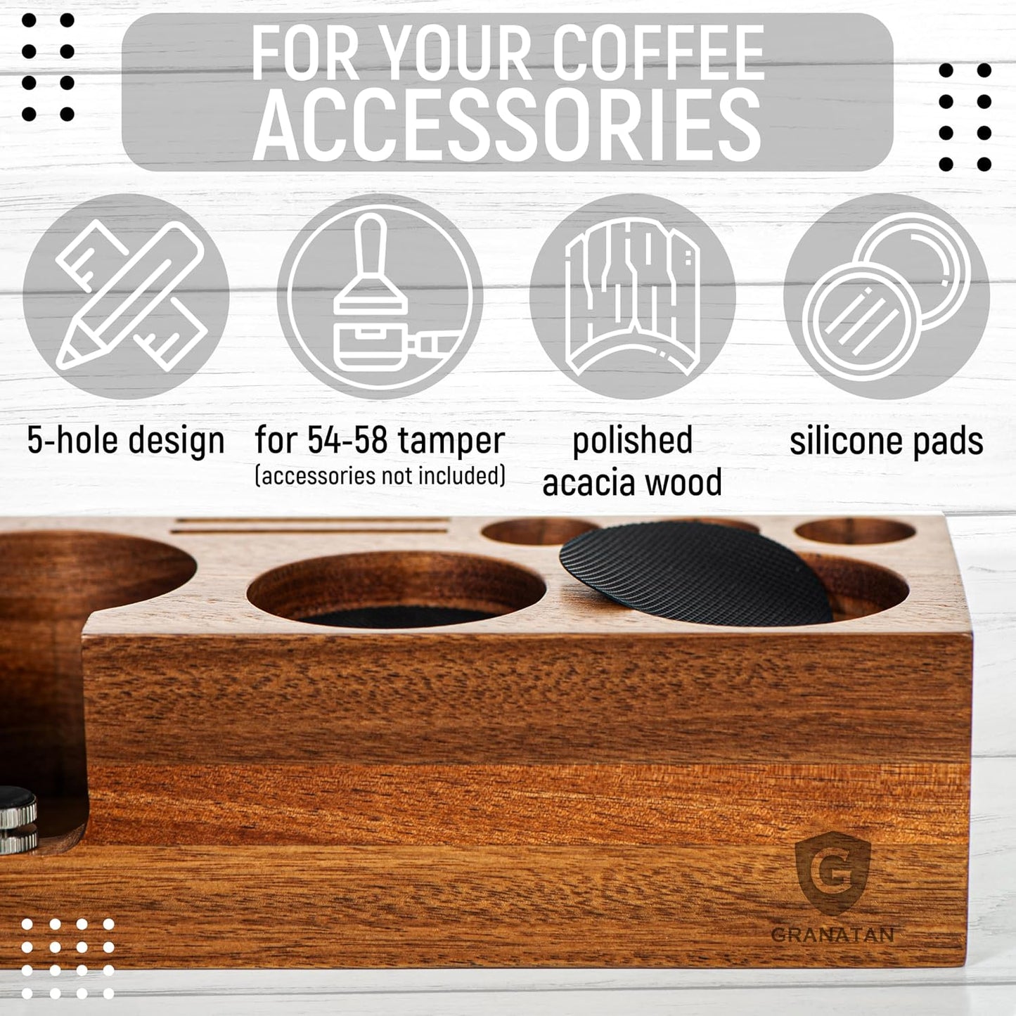 Espresso Tamping Station for 54 mm and 58 mm Portafilters | Acacia Wood Coffee Tool Organizer with Adjustable Support and Rubber Feet