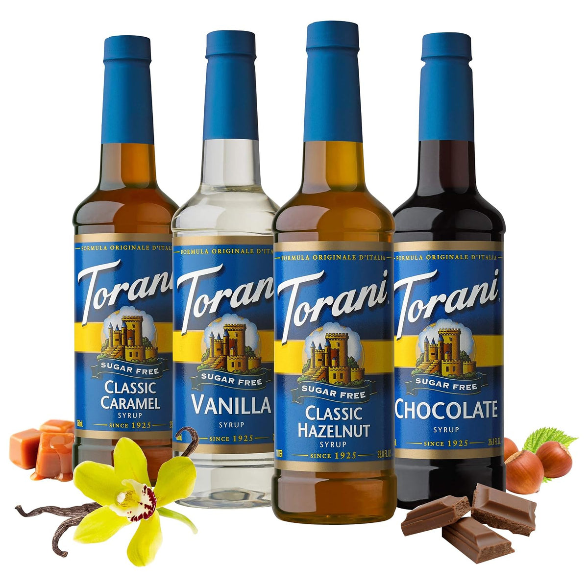 Torani Sugar Free Flavored Drink Syrup Café Variety Pack, 25.4 fl oz 4 Pack | Flavors Include Classic Caramel, Vanilla, Classic Hazelnut &amp; Chocolate