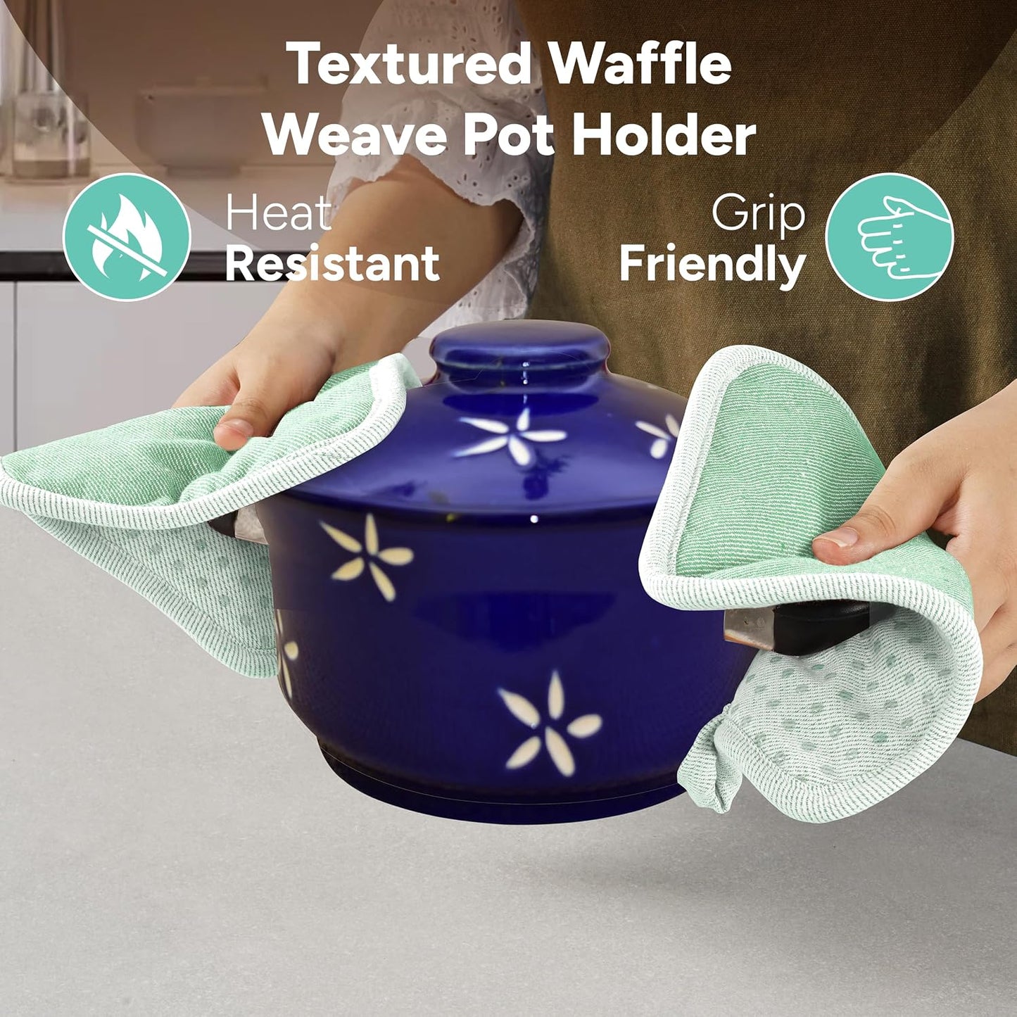 Casa Platino Heat Resistant Oven Mitts &amp; Pot Holders, 4-Piece – Oven Mitt for Baking &amp; BBQ, Potholders for Kitchens – Withstands Heat Up to 500°F, Soft, Durable &amp; Non-Slip – Sage