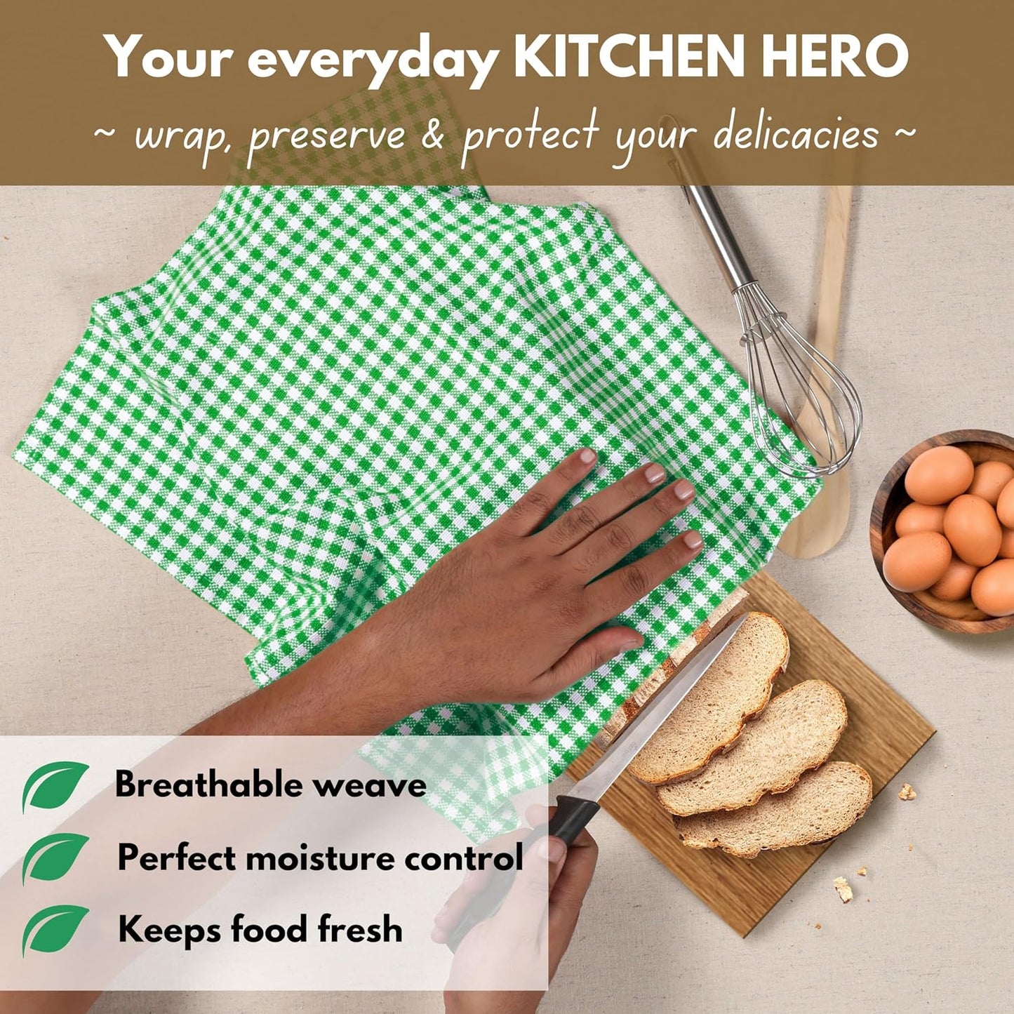 Native Fab Set of 12 Gingham Mini Check Kitchen Towels 16"x26" - Cotton Dish Towels - Soft Absorbent Hand Towels with Hanging Loop, Washcloths for Quick Drying, Cleaning - Green White
